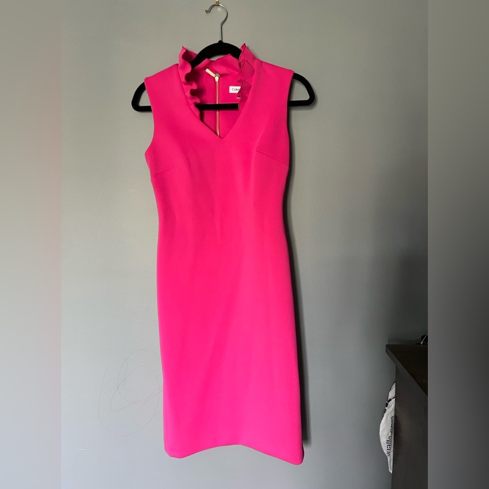 Calvin Klein Fuchsia Ruffle Neck Midi Dress